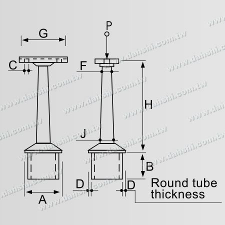 Dimensione: Connettore di supporto per montante perpendicolare in acciaio inossidabile per corrimano tubolare quadrato e rettangolare con stelo trapezoidale