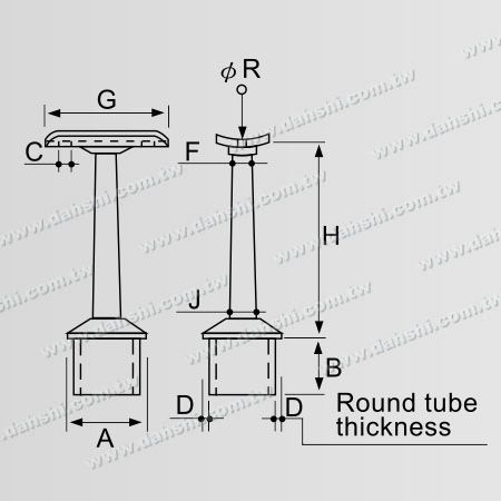 Abmessung: Edelstahl-Rundrohr-Handlauf senkrechter Pfosten Stützverbinder trapezförmiger Stiel