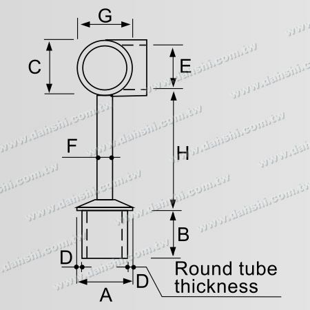 尺寸圖：不銹鋼圓管扶手與立柱平台套管式90度接頭 