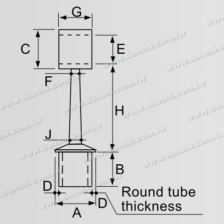 Dimension: Connecteur de poteau perpendiculaire de main courante en tube rond en acier inoxydable, anneau traversant, tige trapézoïdale