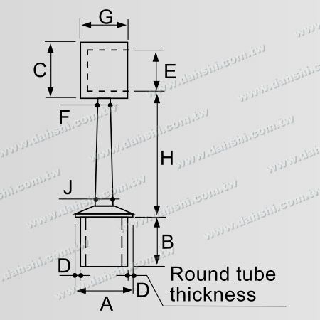 Dimension: Connecteur de poteau perpendiculaire de main courante en tube rond en acier inoxydable, anneau fermé, tige trapézoïdale