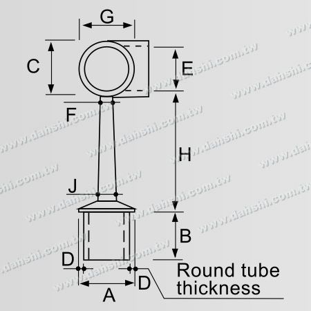 尺寸圖：不銹鋼圓管扶手與立柱平台套管式斜圓條90度接頭