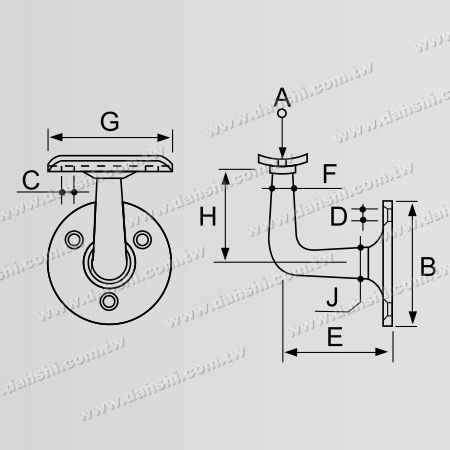Dimension : Support de mur de main courante de tube rond en acier inoxydable - Angle fixe