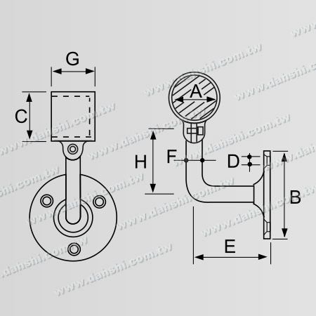 Boyut: Vida Açık Braket - İç Yuvarlak Boru Korkuluk Duvar Braketi Sonu (Sağ Taraf) - Açı Ayarlı