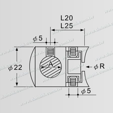 尺寸圖:實心橫杆穿梭萬向快速固定座 - 盲孔 / 圓管用