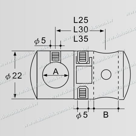 尺寸圖:實心橫杆穿梭萬向快速固定座 - 通孔 / 圓管用