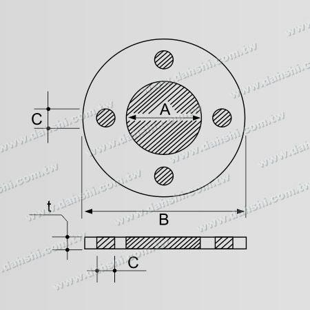 Dimensión: Placa redonda de acero inoxidable para barandilla de tubo redondo - 4 agujeros para tornillos