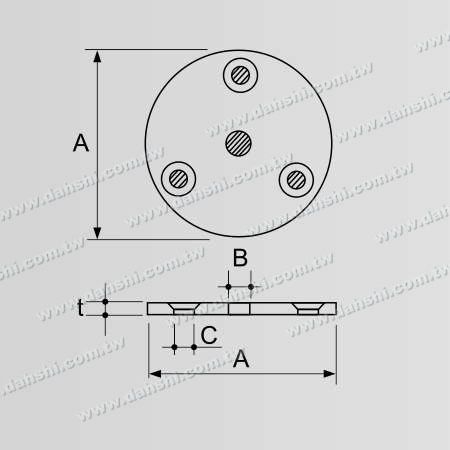 Dimensión: Placa redonda de acero inoxidable para barandilla de tubo redondo - 3 agujeros para tornillos
