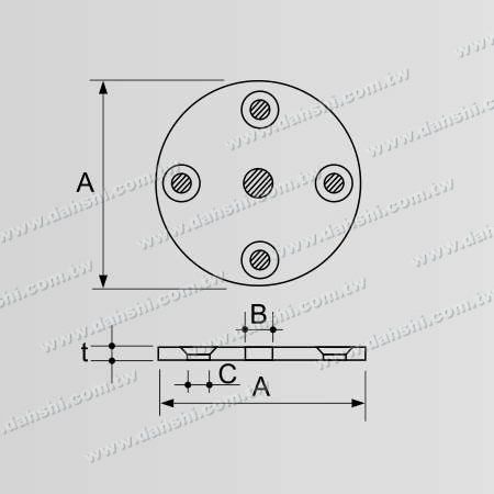Dimensión: Placa redonda de acero inoxidable para barandilla de tubo redondo - 4 agujeros para tornillos
