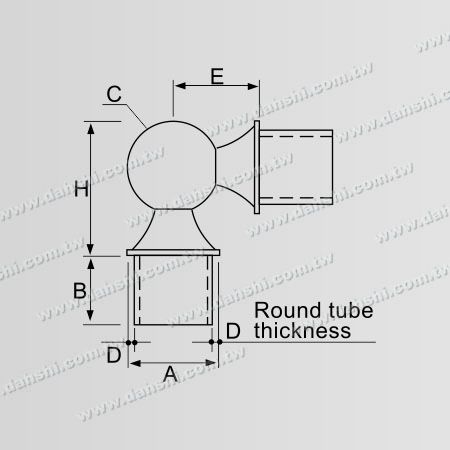 Dimensi: Konektor Bola 90 Derajat Tabung Bulat Stainless Steel - Dalam
