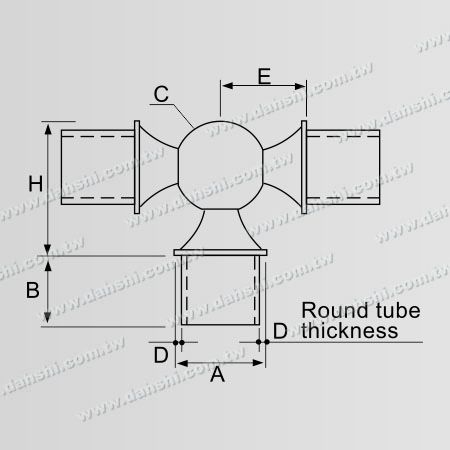 Dimension : Connecteur en T à bille interne en acier inoxydable pour tube rond avec 3 sorties