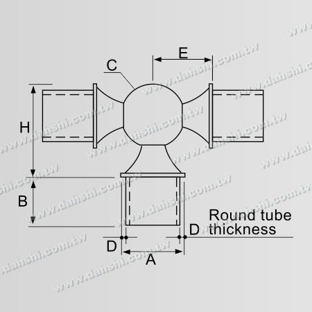 आयाम: स्टेनलेस स्टील गोल ट्यूब आंतरिक बॉल कनेक्टर टी 3 वे आउट