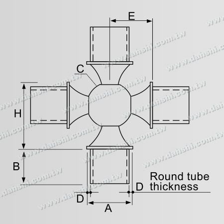आयाम: स्टेनलेस स्टील गोल ट्यूब आंतरिक क्रॉस गोलक प्रकार कनेक्टर 4 तरफ बाहरी