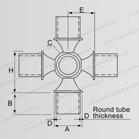 Dimension: Connecteur à bille interne pour tube rond en acier inoxydable, 5 sorties, angle réglable