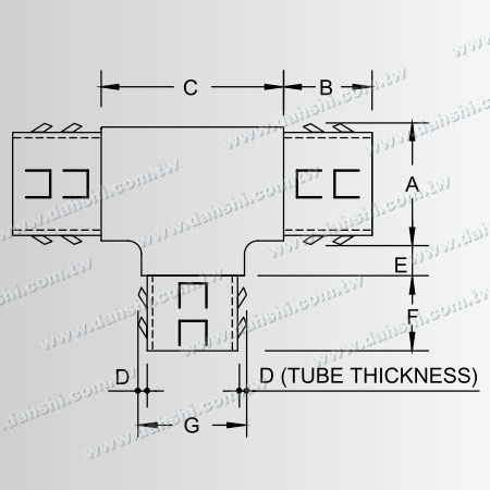 Dimensão: Conector T Interno de Tubo Redondo em Aço Inoxidável - Design de mola de saída - sem solda / aplicável com cola