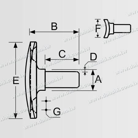 尺寸圖：不銹鋼圓管橫杆與圓管立柱90度直向接頭固定座 - 圓管套外