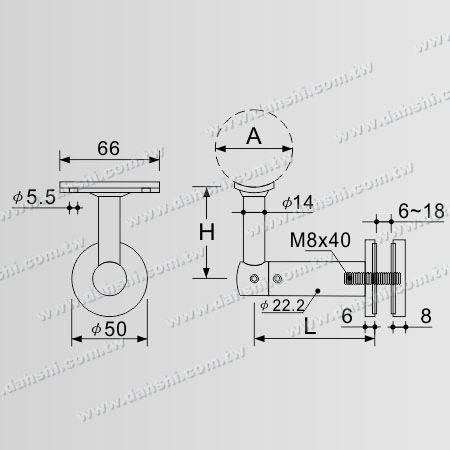 Dimensão：Suporte de Aço Inoxidável para Vidro com Borda Arredondada