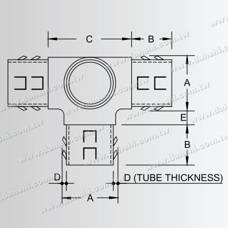 尺寸圖：不銹鋼圓管套外90度四通 - 出口冲齒 - 免焊接 / 可用膠固定