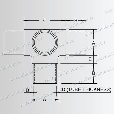 Dimensi: Sambungan T 90 Derajat Tabung Bulat Stainless Steel Internal 4 Arah Keluar - Desain Pegas Keluar - Bebas Las/ Bisa Ditempel