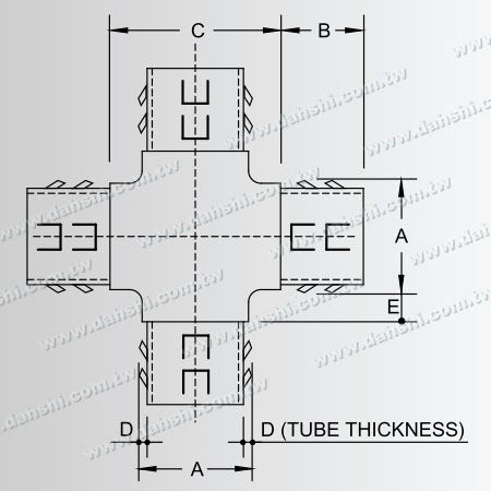 尺寸圖：不銹鋼圓管套外十字型四通 - 出口冲齒 - 免焊接 / 可用膠固定
