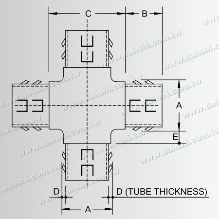 Dimension: Connecteur interne en acier inoxydable pour tube rond à 4 voies - Conception à ressort de sortie - Sans soudure / applicable avec de la colle
