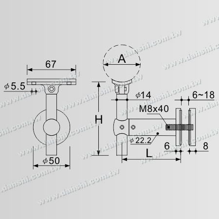 Dimensão: Suporte de Aço Inoxidável para Vidro com Ângulo Arredondado e Altura Ajustável
