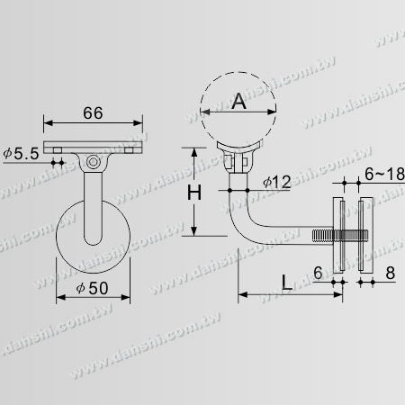 Dimensão: Suporte em Aço Inoxidável para Ângulo Ajustável de Vidro