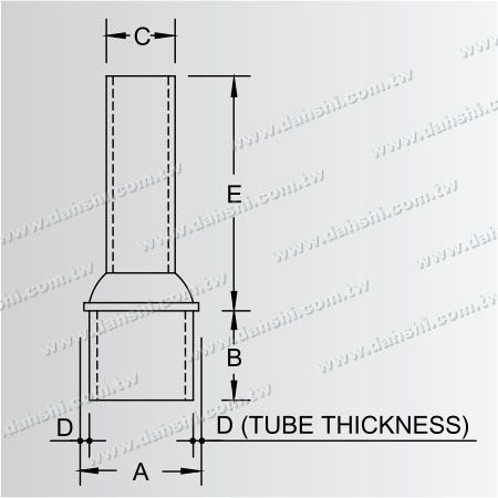 尺寸圖：不銹鋼圓管扶手與立柱上端縮小下插內半圓接頭