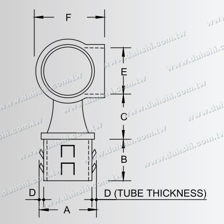 Dimension : Connecteur de poteau perpendiculaire pour main courante en tube rond en acier inoxydable avec anneau à 90 degrés - Conception à ressort de sortie - Sans soudure / applicable avec de la colle