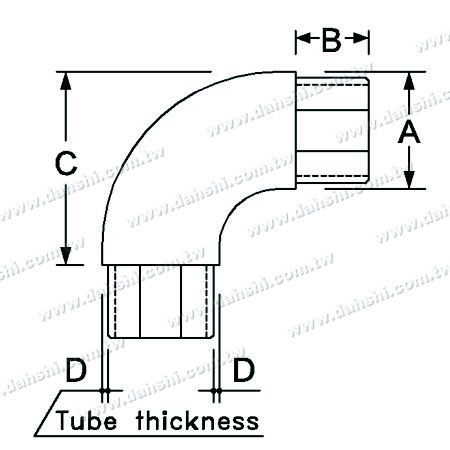 Dimension : Coude interne à 90 degrés en acier inoxydable pour tube carré