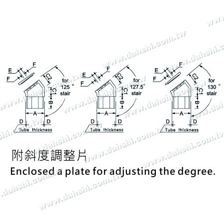Dimension：Stainless Steel Square Tube Handrail Perpendicular Post Connector 127.5deg Internal Fit