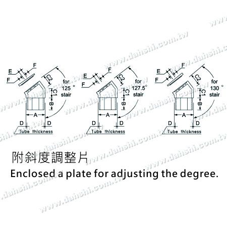 Dimensi:Konektor Penghubung Tiang Tegak Pegangan Tabung Persegi Stainless Steel 127,5 derajat Pemasangan Internal
