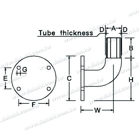 Dimension : Support de coude à 90 degrés pour main courante en tube carré en acier inoxydable - Dos rond