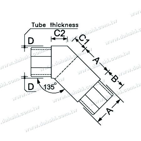 Dimensão: Cotovelo Interno de Tubo Quadrado de Aço Inoxidável - 135 Graus
