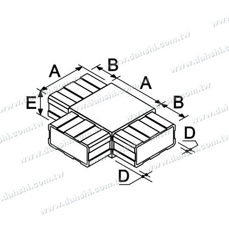 Dimension : Connecteur en T interne en acier inoxydable pour tube rectangulaire avec 3 sorties