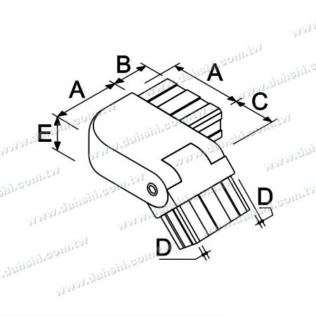 Dimensión: Conector de esquina redonda de escalera interna de tubo rectangular de acero inoxidable - Ángulo ajustable a la izquierda