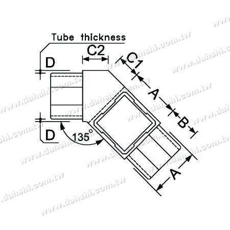 Dimensión: Conector interno de tubo cuadrado de acero inoxidable de 3 salidas en ángulo de 135 grados a la izquierda