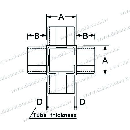 Dimension: Connecteur interne en croix pour tube carré en acier inoxydable - 5 sorties