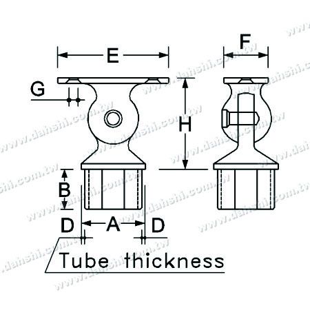 Dimension : Connecteur de support réglable pour poteau perpendiculaire de main courante en tube carré en acier inoxydable, ajustement interne arrondi