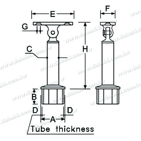 Dimenzija: Povezovalnik podpore za pravokotno stebrišče iz nerjavečega jekla za kvadratne cevi za ograje, nastavljiv pod kotom