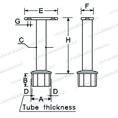 Dimensión: Conector de soporte de poste perpendicular para barandilla de tubo cuadrado de acero inoxidable