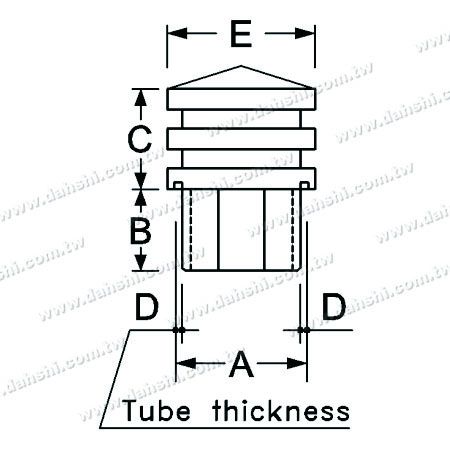 Dimensión: Tapón de extremo superior en forma de espiral para tubo cuadrado de acero inoxidable con salida ancha - 3 capas