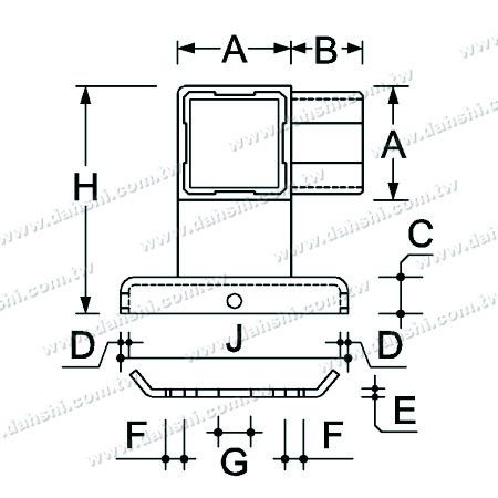 尺寸圖：不銹鋼方管扶手轉角用底盤固定座 - 螺釘隱藏式