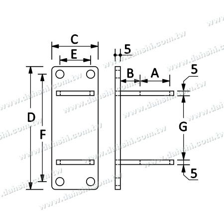 尺寸图：不锈钢圆管楼梯外墙壁长方形固定座- 手铐通孔式