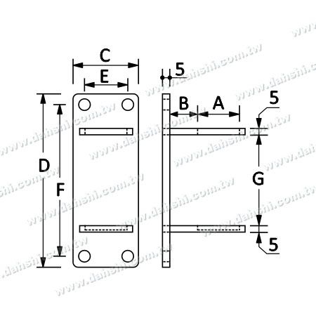 尺寸图：不锈钢圆管楼梯外墙壁长方形固定座- 手铐盲孔式