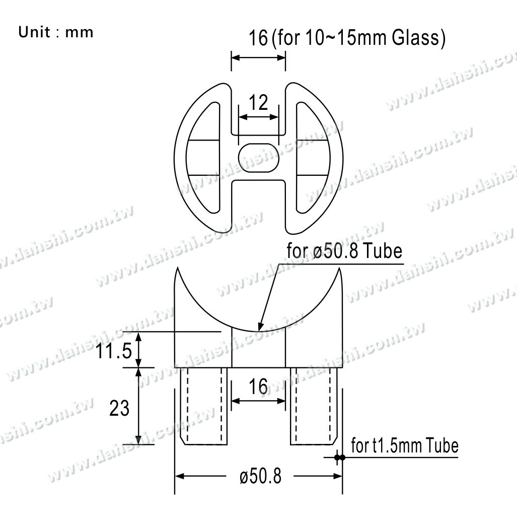 不鏽鋼凹槽圓管用扶手與立柱馬鞍型接頭尺寸圖